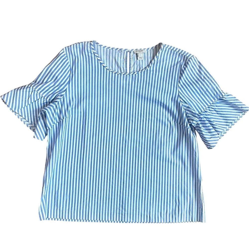 J.Crew Blue & White Striped‎ Cotton Blend Short Sleeve Ruffle Shirt | Large